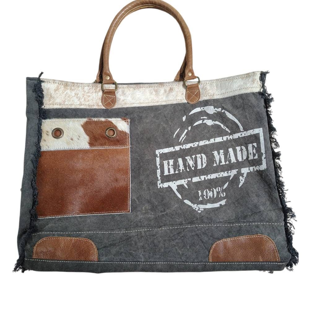 Myra Bag Handmade Weekender Tote Canvas Leather Hair-On Hide Western Travel Bag